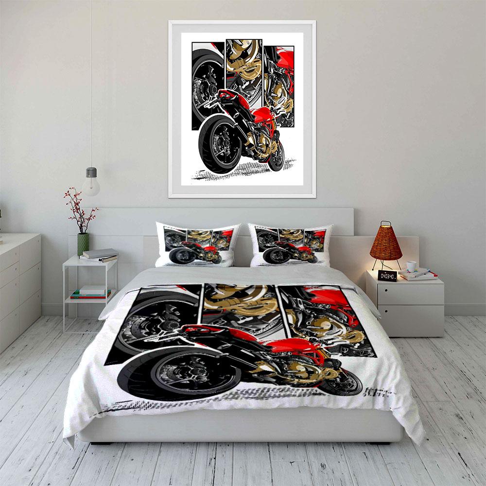 Red sports motorcycle with mechanical details Bedding Set for Kids Luxury Gift 3pcs Digital Print Comforter Set Soft Breathable