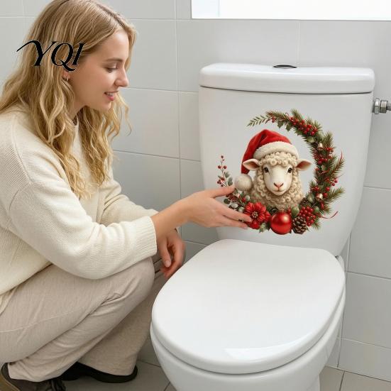 Festive Christmas Restroom Accessories Sheep Toilet Stickers, Self-Adhesive Lamb Lid Decals, Waterproof Decals Xmas Bathroom Decor for Tank Tile Home