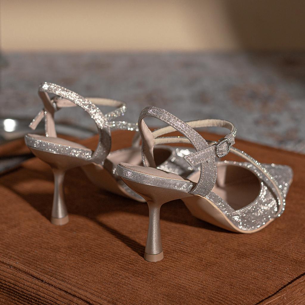 Французские 2025 новые туфли-лодочки на высоком каблуке цвета шампанского, женские остроносые сверкающие сандалии со стразами, туфли принцессы