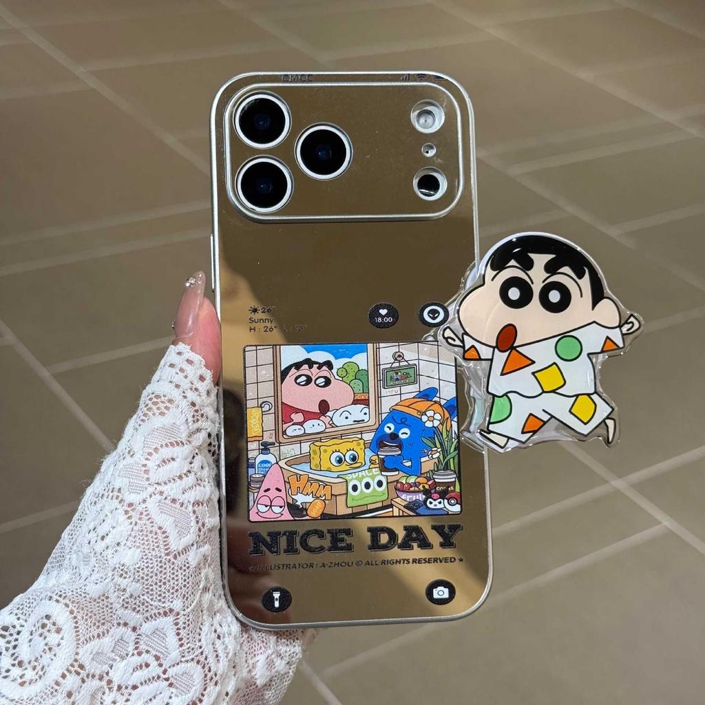 Зеркальный чехол для телефона Shin-chan для iPhone 17 Pro Max/16 Pro/15 с серебряным ободком