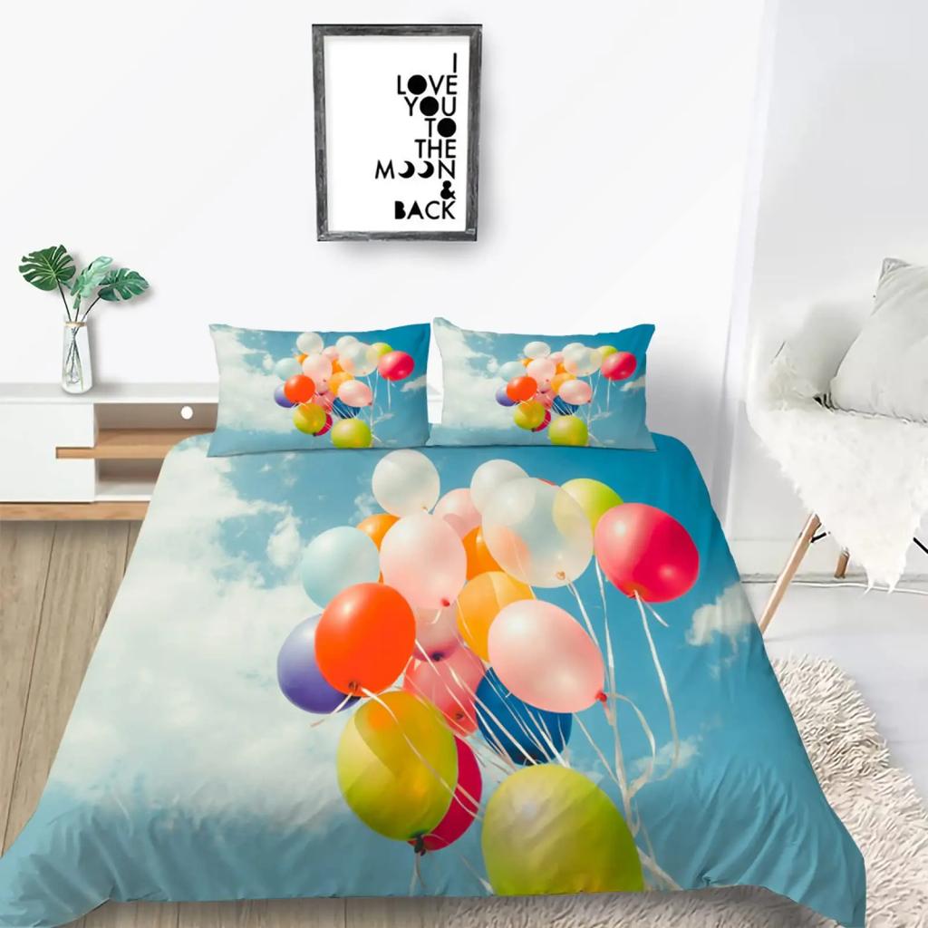 Watercolor Duvet Cover Hand Painted Style Floating Air Balloons Clouds Print Decorative Bedding Collection Blue Pink Coral Children