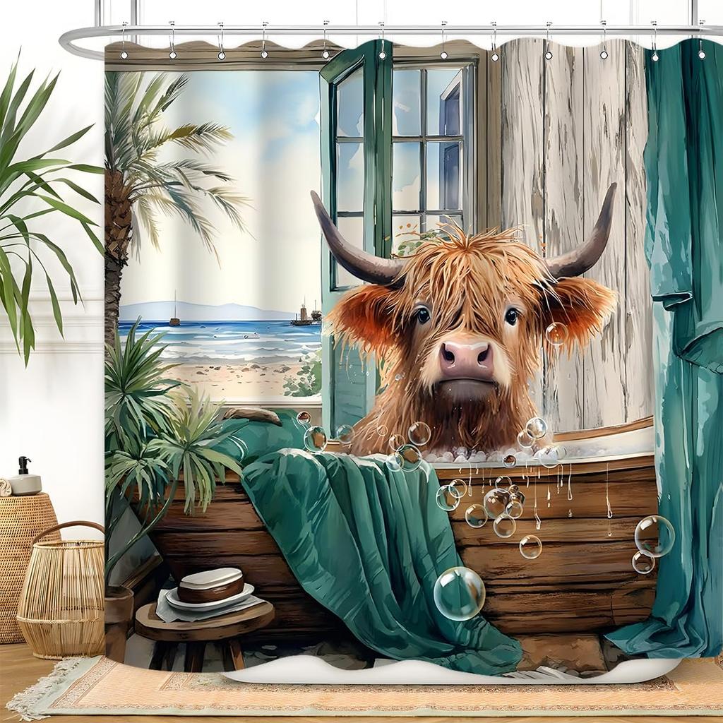 Highland Cow Summer Shower Curtain 60Wx72L Inch Funny Cute Cattle Ocean View Landscape Bathtub Calf Tropical Hawaii Scene Palm L