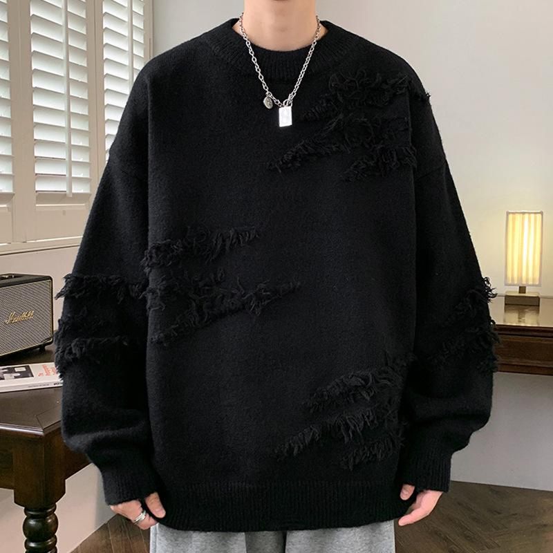 Autumn Winter Men's Solid Color Casual Knit Sweater - Stylish, Loose, Versatile.