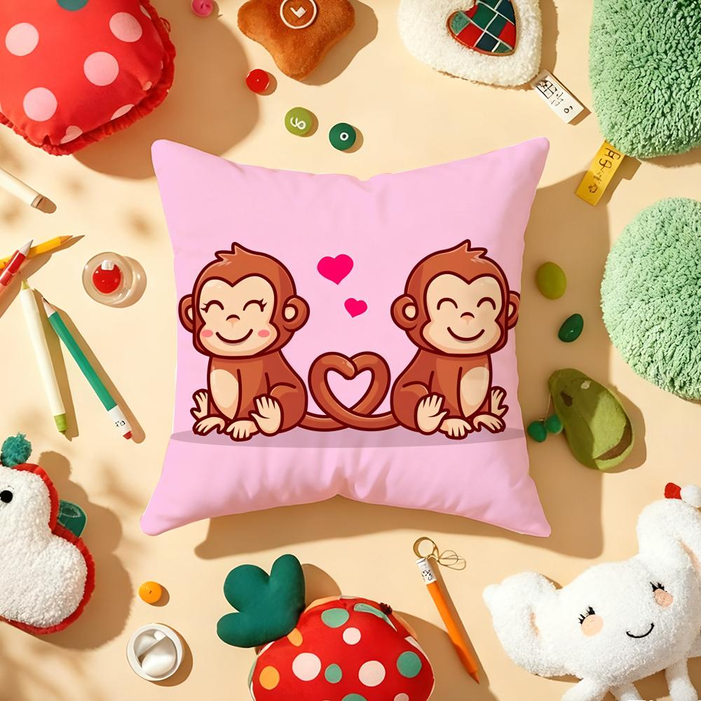 Happy Monkey Cushion Cover Soft Short Plush DoubleSided Printing Home Decor Machine Washable Pillow Case Gift
