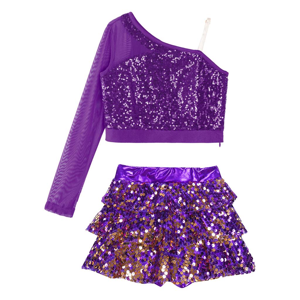 Kids Girls Dance Stage Performance Costume Sparkly Sequins Long Sleeve One Shoulder Top with Tiered Ruffle Skirted Shorts