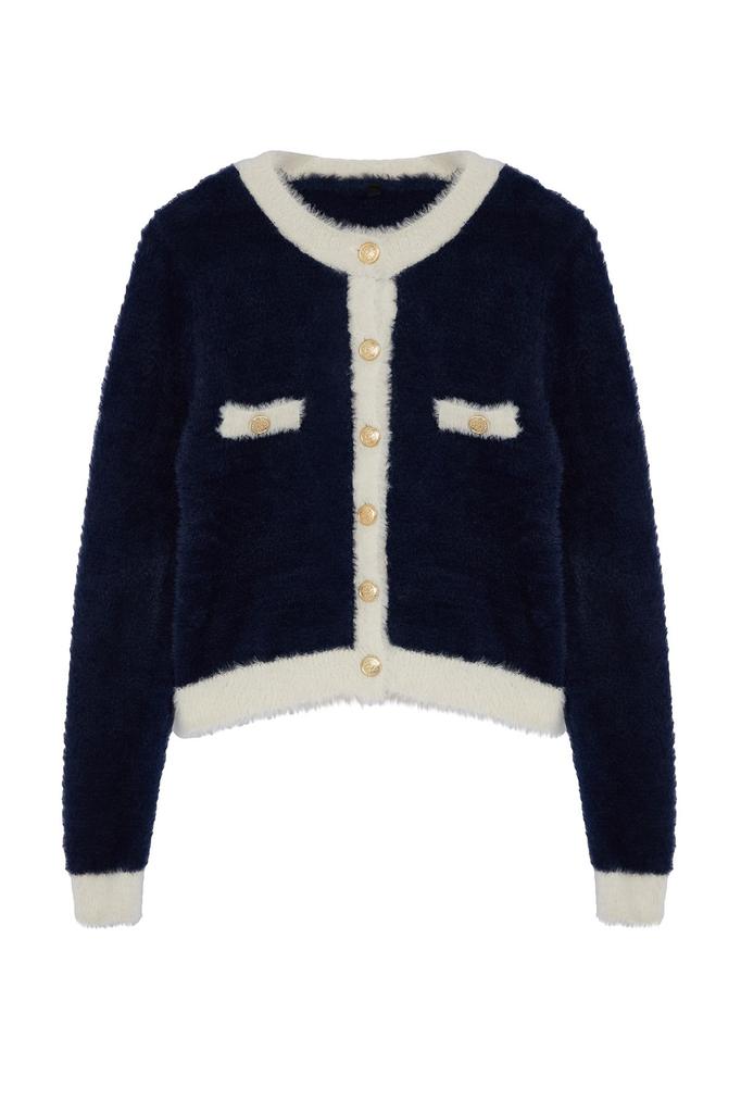 Women's Elegance Style Cardigan Navy Blue Crop Beard Furry Thread Jacket Look Knitwear Cardigan