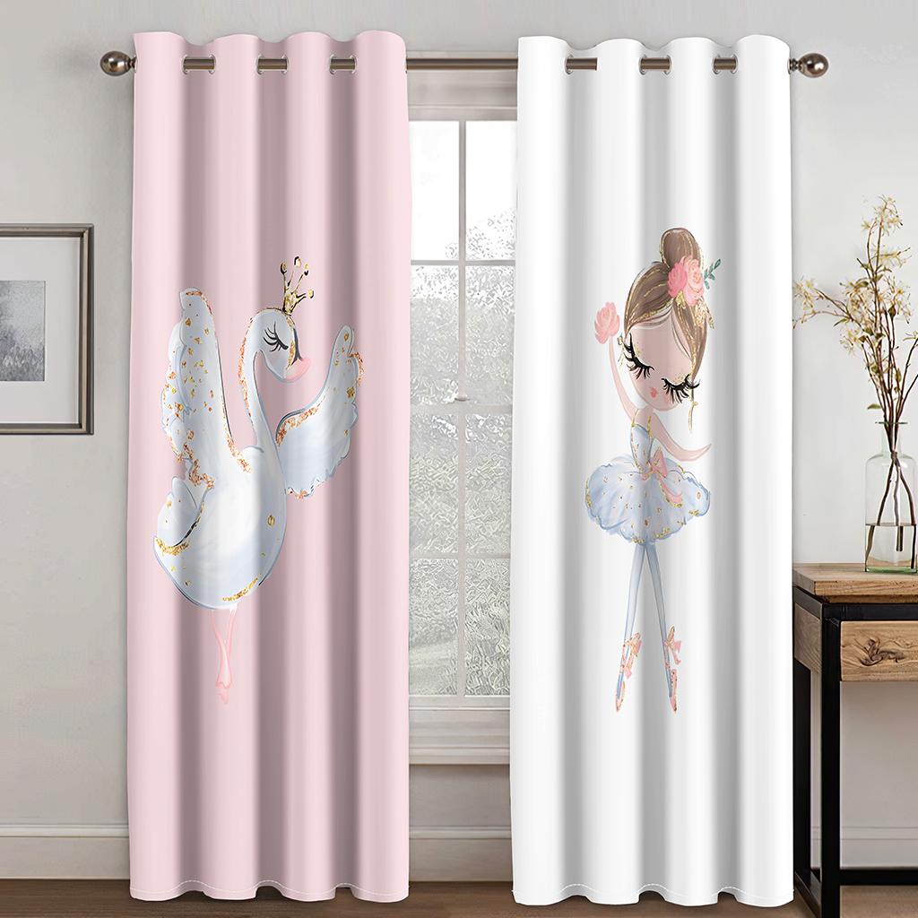 3D занавеска с изображением единорога из мультфильма, занавеска с танцующей девушкой, занавеска с черным и белым лебедем, 2 панели, декор для гостиной, спальни, детской комнаты