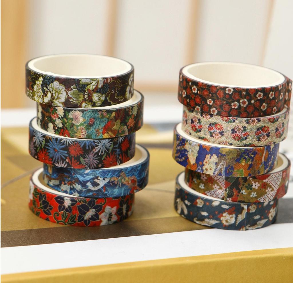 10 Rolls Kyoto Ukiyo-e Washi Tape Set Japanese Traditional Art Retro Wave Floral Pattern Masking Tape for Diary Album