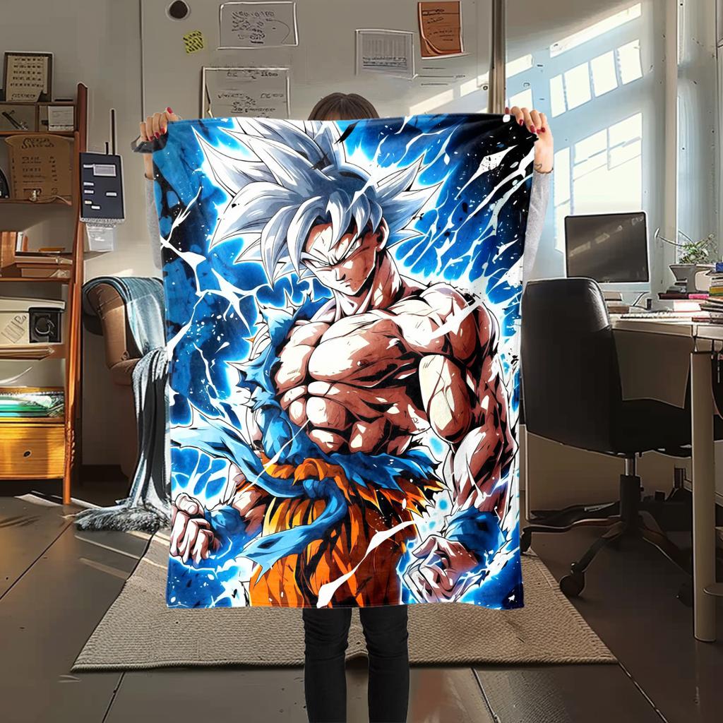 1PC Cartoon Son Goku Print Flannel Blanket, High quality All Seasons, Home Decor, Warmth and Comfort, Perfect for Christmas Gifts