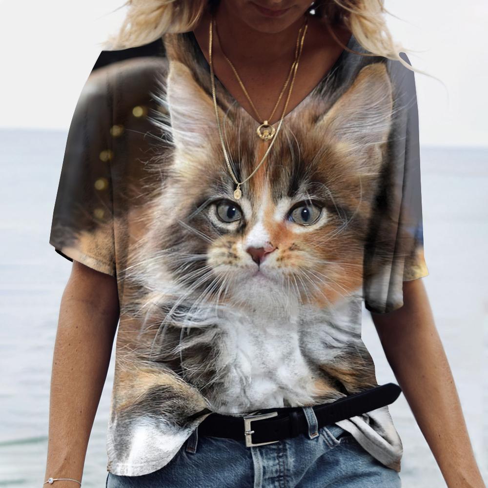 T-Shirt Women's 3D Cats Print Black Kawaii T Shirt Fashion Woman Blouses 2025 Female Clothing Oversized Summer Ladies V-Neck Top