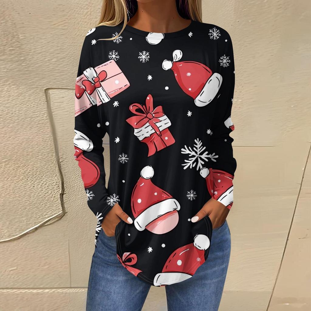 Футболки для женщин, осенние повседневные рубашки с длинными рукавами, толстовка с ретро-принтом, топ для рождественской вечеринки, пуловер