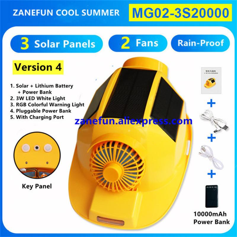 Шлем с 3 солнечными панелями, 2 вентиляторами, светодиодной подсветкой, RGB-предупреждением, перезаряжаемой литиевой батареей, Power Bank, для работы на открытом воздухе, солнечный вентилятор, ABS-кепка
