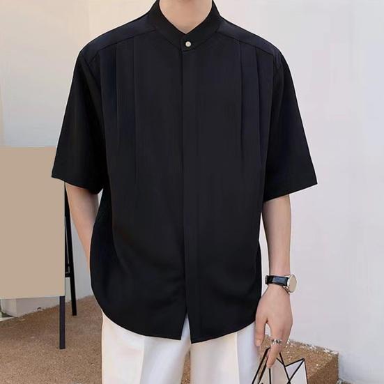 Мужская летняя рубашка с воротником-стойкой из ледяного шелка, сплошной цвет, плиссированный свободный крой, кардиган с половиной рукавов, средней длины, повседневный деловой зрелый мужской офисный топ