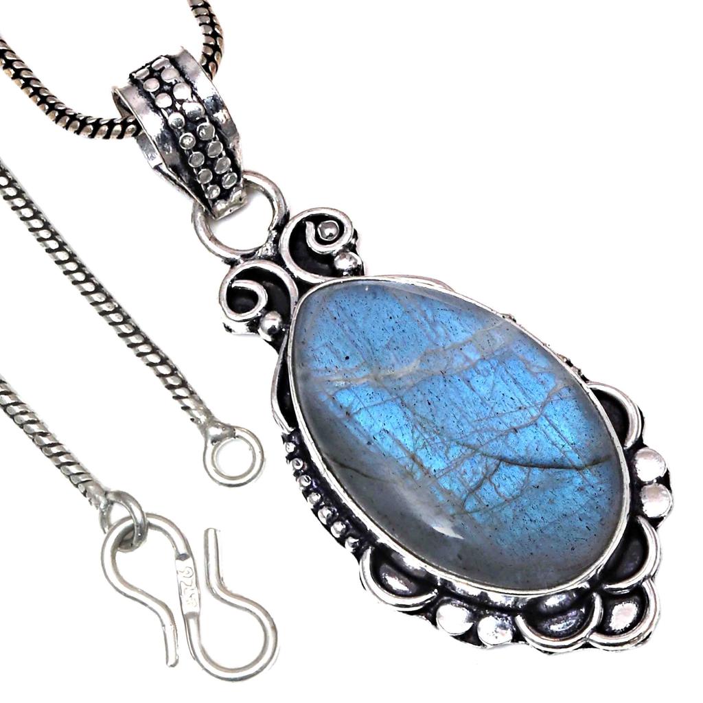 Pendant Shiney Labradorite Gemstone Valentine'Day Gifted Silver Jewelry 2"