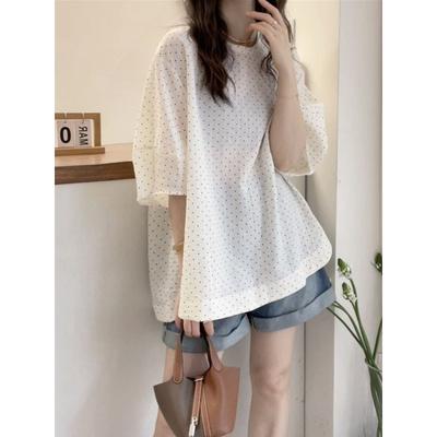 Летняя женская футболка с короткими рукавами в горошек, простые и удобные повседневные топы, корейская универсальная женская рубашка-пуловер