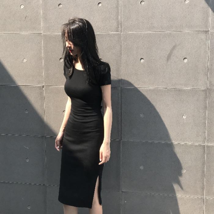 Корейский стиль сексуальное платье средней длины с разрезом на спине - полиэстеровое волокно
