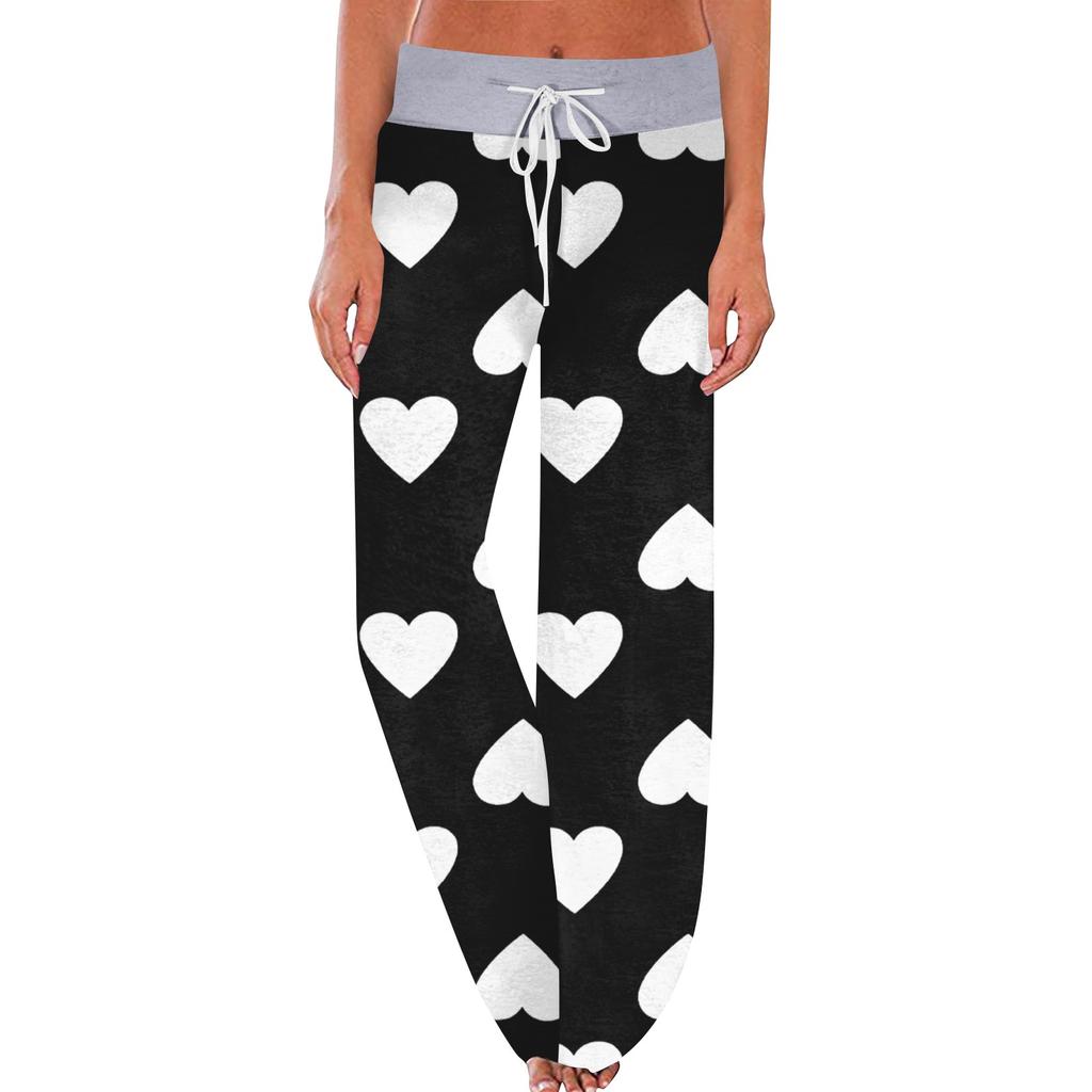 Women's Fashion Casual Comfortable Pajama Pants Love Printed Drawstring Wide Leg Pants Trousers