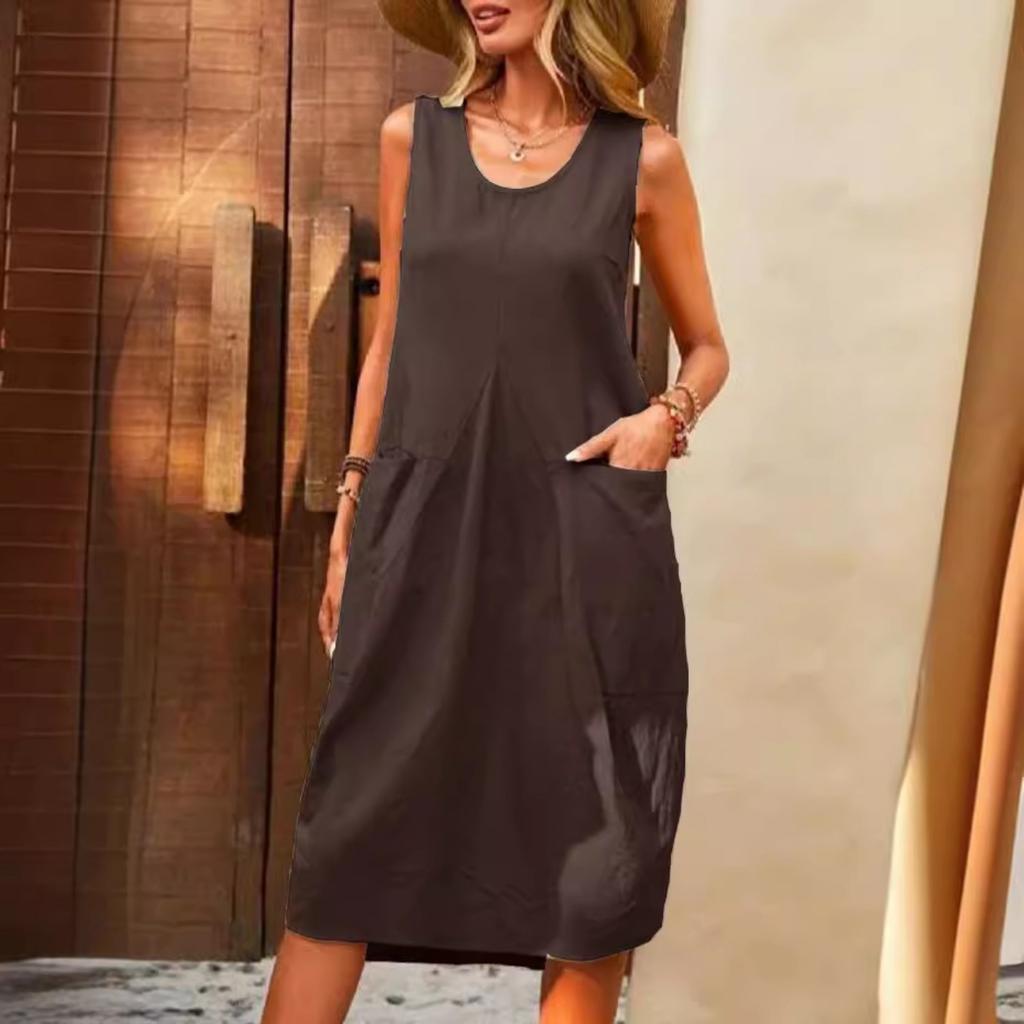 2025 Новое женское платье из хлопка и льна без рукавов, однотонное свободное платье с U-образным вырезом, повседневное