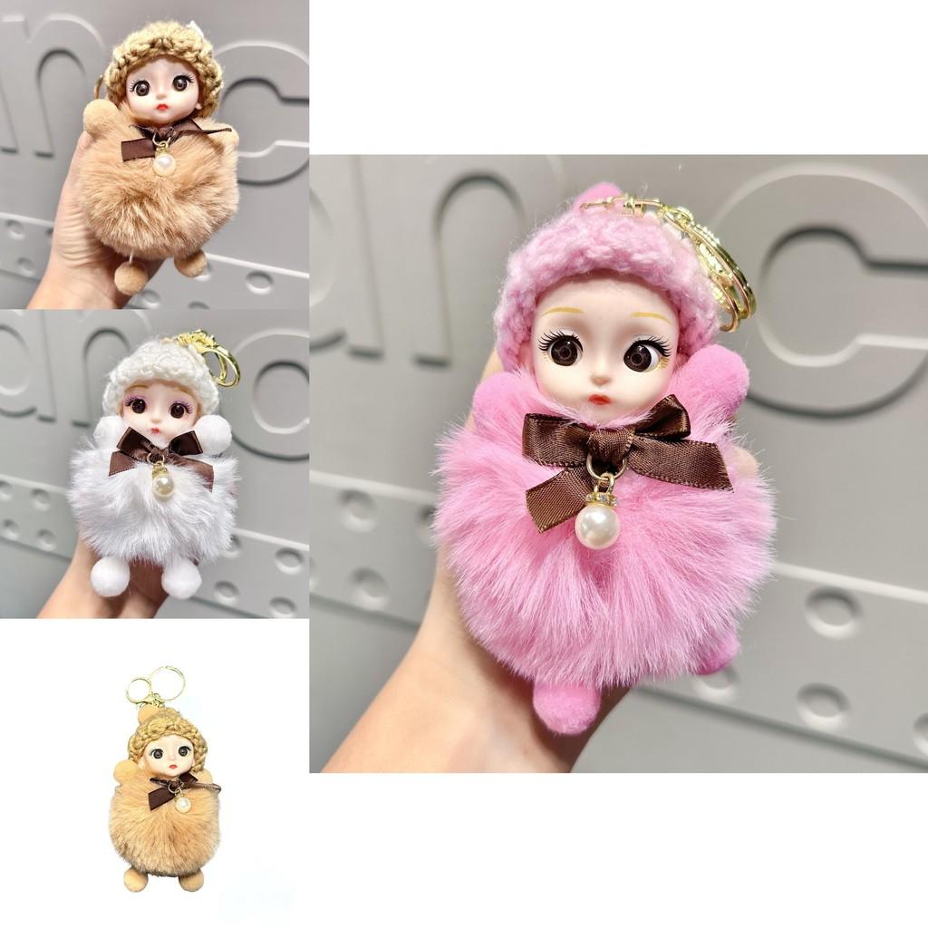 Soft And Cuddly Plush Big-eyed Doll Keychain Charm In Various Sweet Bow Colors