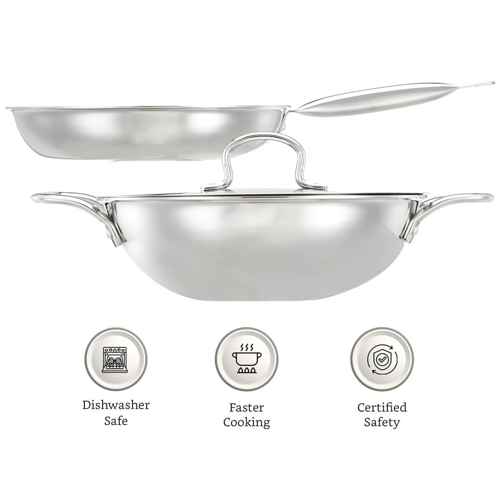 Набор посуды из трехслойной нержавеющей стали, 2 предмета (Кадхай/Вок с крышкой-24 см, Сковорода-24 см) Подходит для индукционных и газовых плит