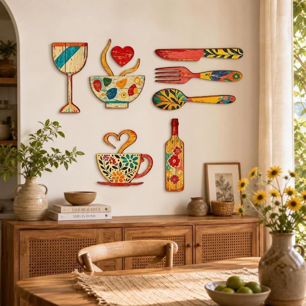 7/8 pcs Vintage Floral Coffee Element Wall Plaques Dining Room Wall Decor Set Dining Room