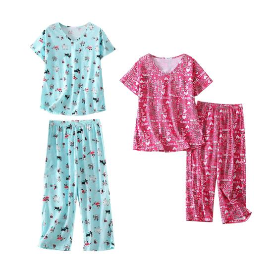 Женский хлопковый пижамный комплект: топ с коротким рукавом и капри, набор для сна, летний повседневный комплект для дома из 2 предметов