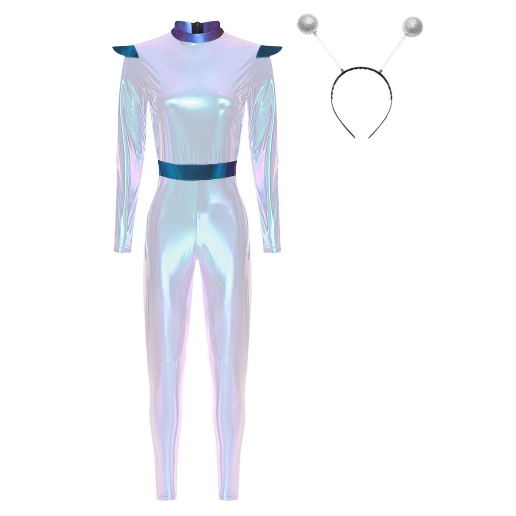 Womens Alien Robot Astronaut Cosplay Costume Metallic Shiny Full Body Unitard Long Sleeve Jumpsuit