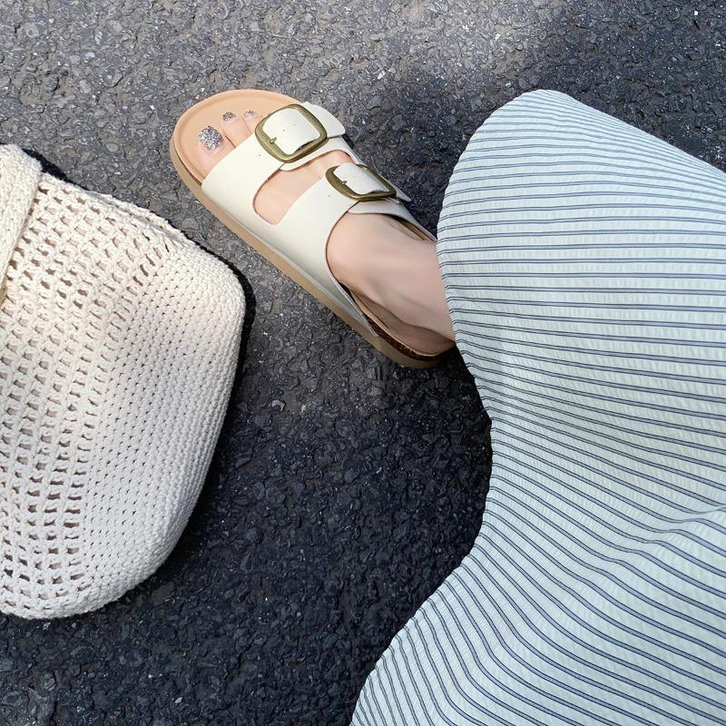 ~ Retro Double Buckle Belt Outer Wear Thick Bottom Heightening Beach Slippers Summer Outer Wear Women