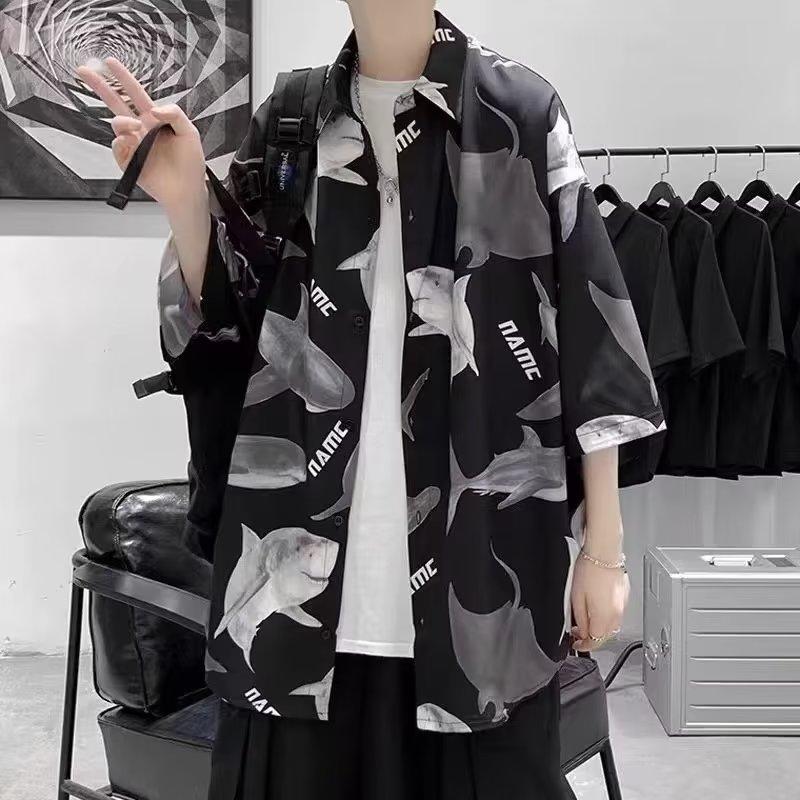 Модная новая рубашка в виде акулы, мужская летняя рубашка в гонконгском стиле, универсальная свободная рубашка с короткими рукавами и принтом в стиле хип-хоп, студенческая