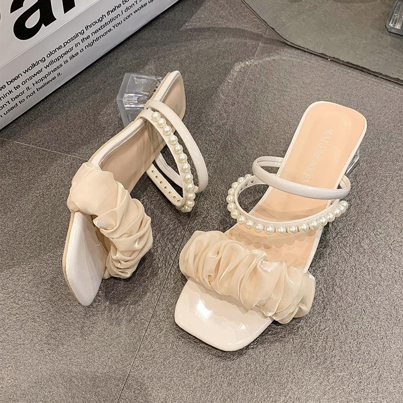 Two Wearing Sandals Female 2025 Summer New Internet Celebrity Fairy Wind Thick Heel Non-slip Outer Wear Crystal High Heel Cool Slippers