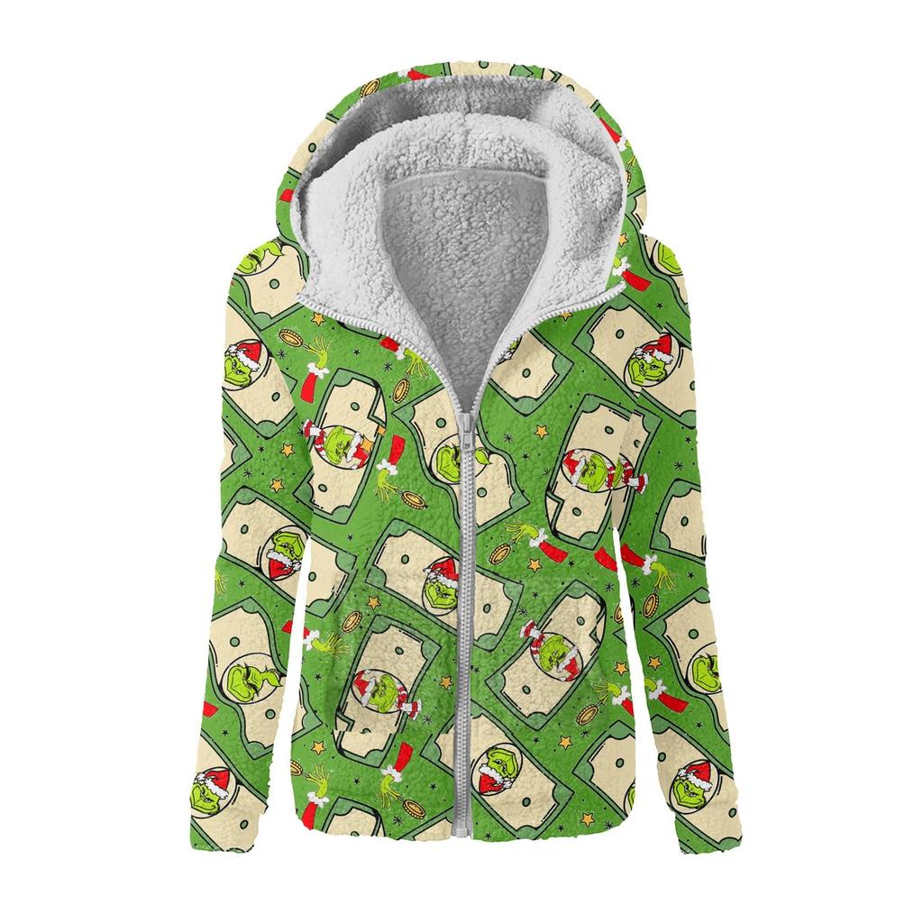 Женская зимняя повседневная модная плюшевая куртка-свитер на молнии с капюшоном и принтом