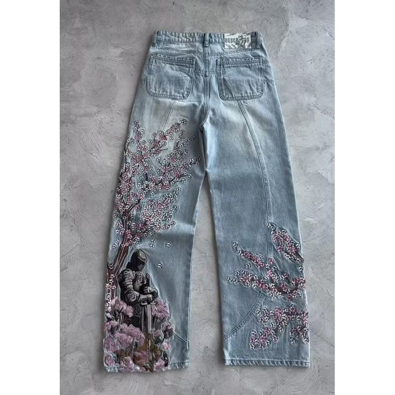 Vintage Plum Blossom Embroidered Straight Cut Denim Pants Unisex Streetwear Casual Jeans Teens
