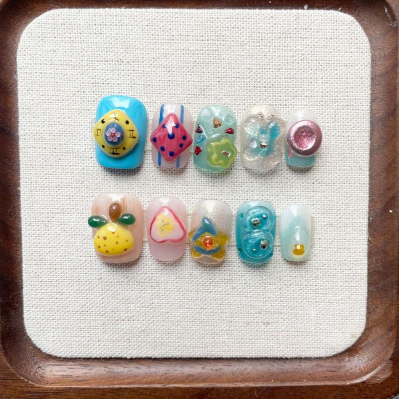 Hand-Painted Press-On Nails Short Square Cat Eye Design Cute Kawaii Style Wearable Nail Tips Women