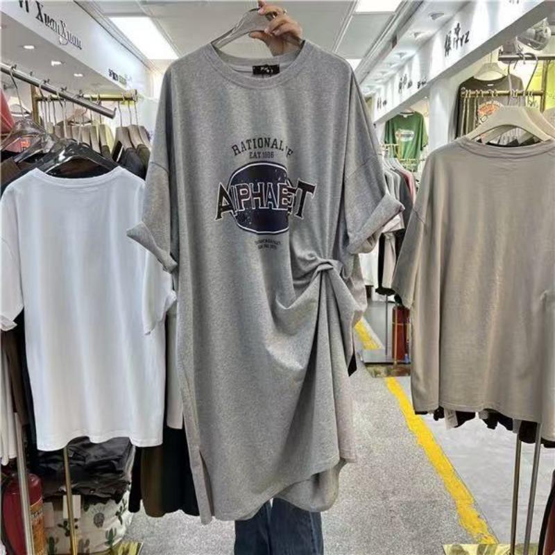 Женское повседневное платье-футболка с круглым вырезом и короткими рукавами, свободное платье больших размеров средней длины, выше колена, летнее платье