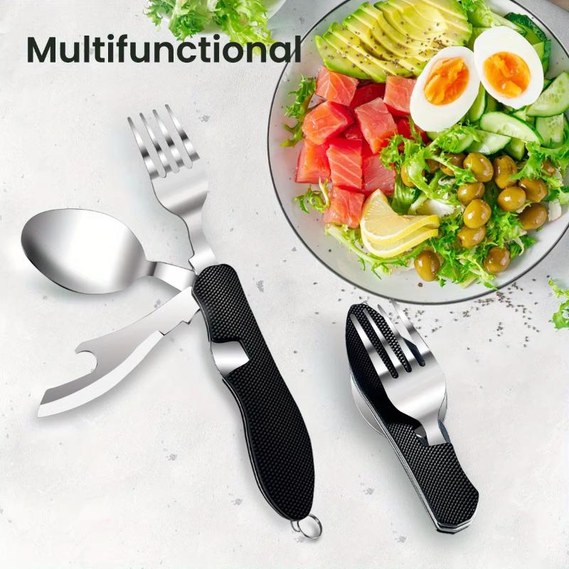 Corrosion Resistant Portable Folding Stainless Steel Cutlery Set Fork Spoon Knife Bottle Opener for Picnic Travel Daily Use