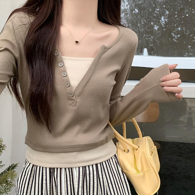 Pullover Fake Two-piece V-neck Long-sleeved T-shirt for Women In Autumn New Slim Fit Short Base Shirt for Women