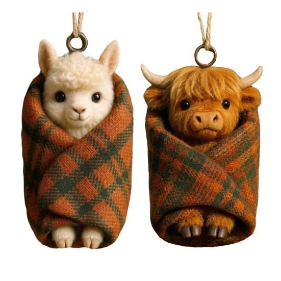 Yousheng Cozy Wrapped Critters Ornament 2D Acrylic Highland Cow Alpaca Hanging Ornament for Holiday Home Party Tree Decor
