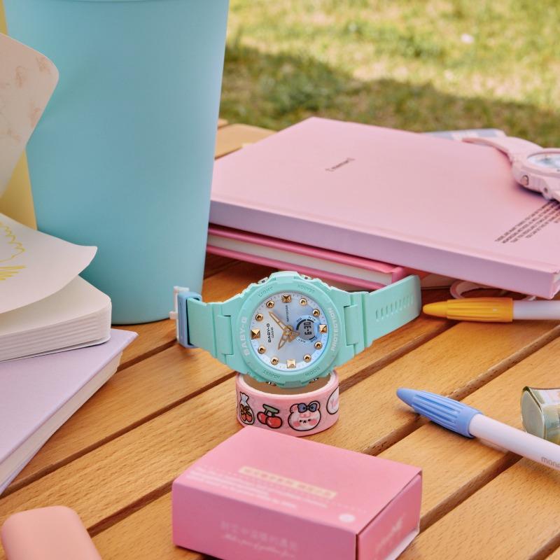Casio Женские часы Baby-G, аналоговые, ударопрочные, кварцевые, с resin-браслетом, водонепроницаемость 100 м, BGA-320-3A