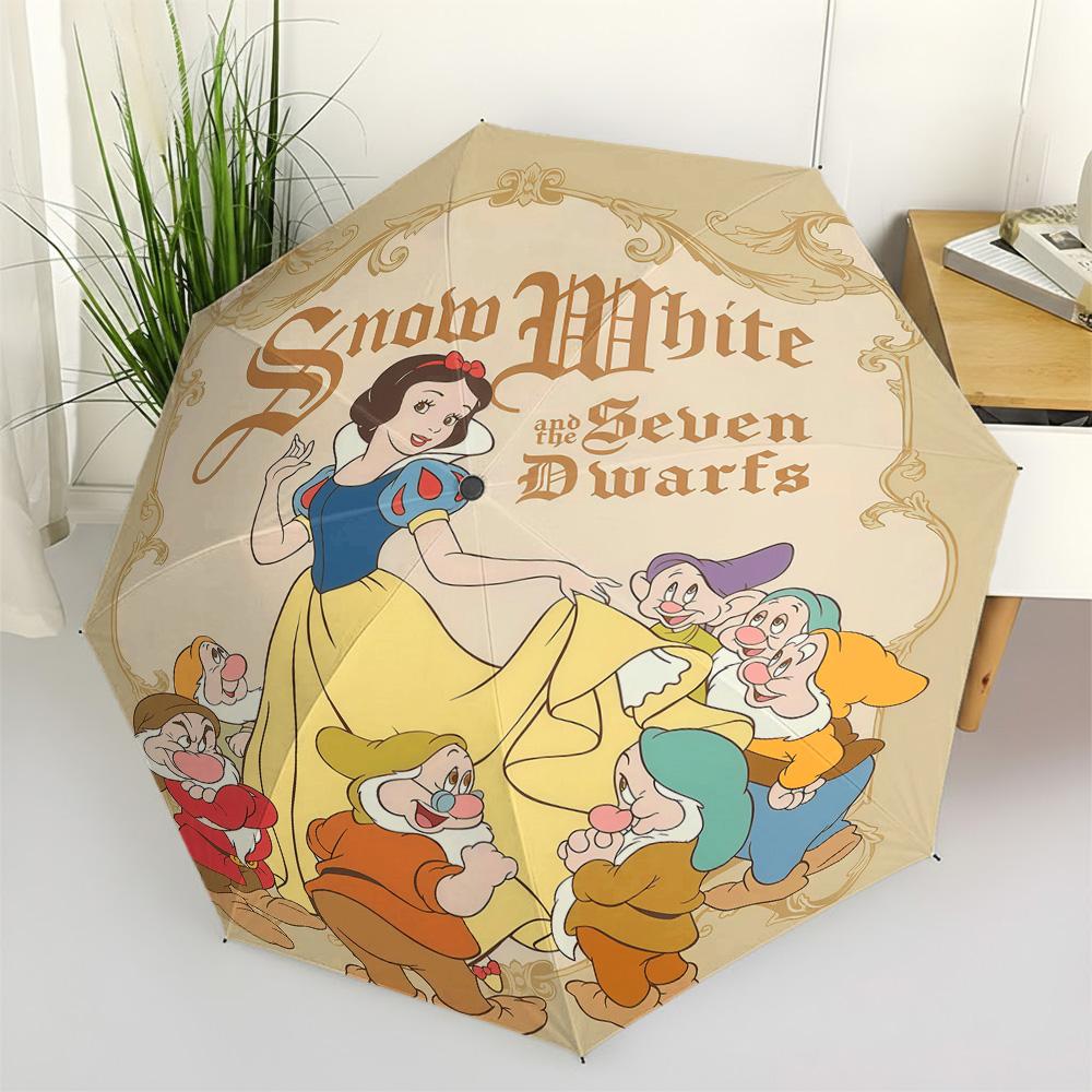 Disney Snow White and the Seven Dwarfs Vintage Print Automatic Folding Umbrella, Windproof Waterproof Travel Umbrella for Kids A