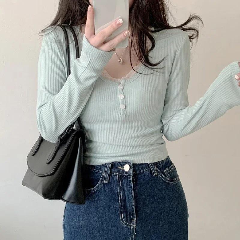 Y2K Lace Trim Patchwork Button Knitted Crop Top Cute Long Sleeve V Neck T-Shirt Korean Chic Harajuku Pullovers Autumn Winter New