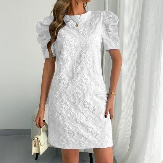 Женское фактурное жаккардовое платье с круглым вырезом и короткими рукавами-фонариками, платье А-силуэта, летние мини-платья с цветочным принтом, короткое вечернее платье