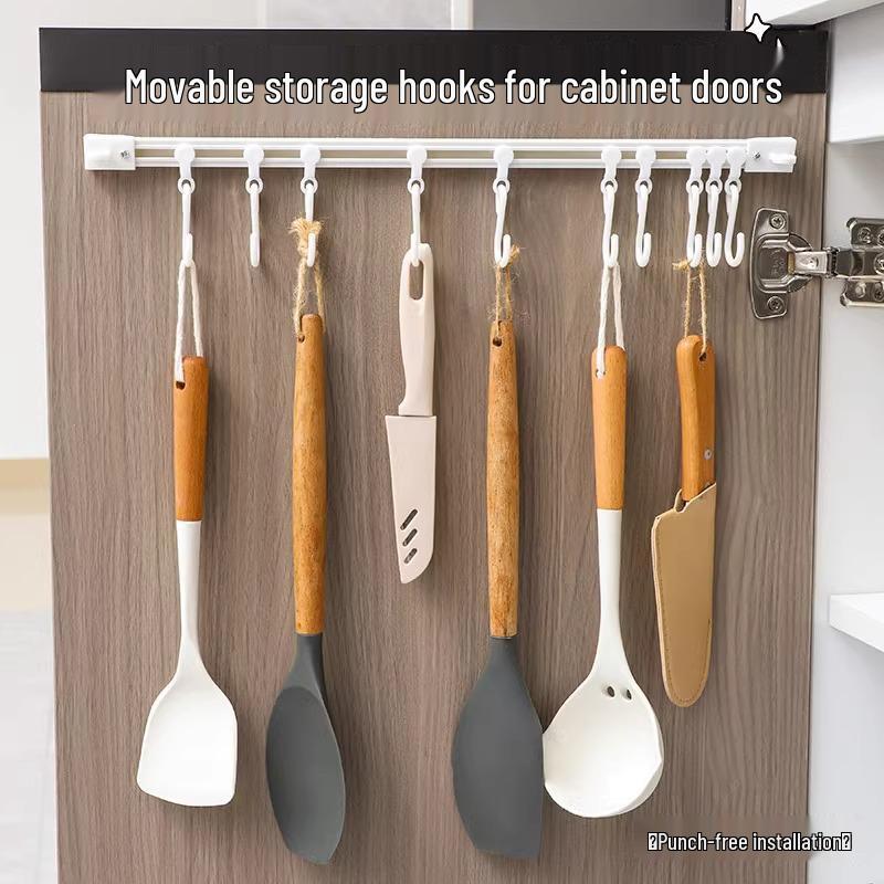Punch-Free Wall-Mounted Kitchen Spatula Rack with Sliding Hooks