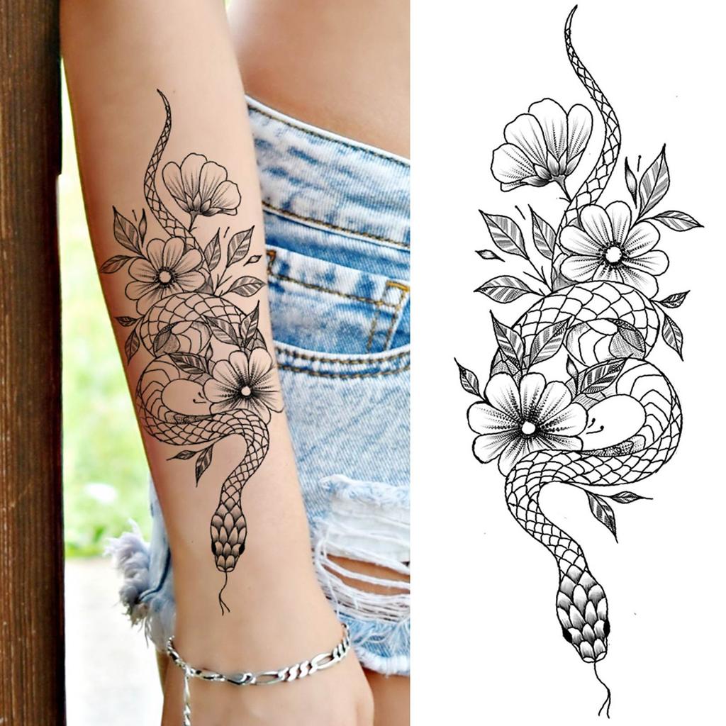 1 Sheet Snake Temporary Tattoos For Women Men Arm Leg Forearm Body Adults Rose Fake Flower Tattoo Sticker Waterproof Covers Up