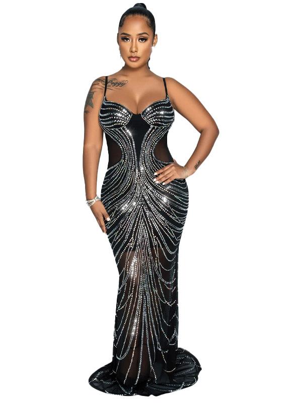 European and American style mesh yarn hot diamond suspender long dress low-cut sexy backless perspective hip skirt waist dress