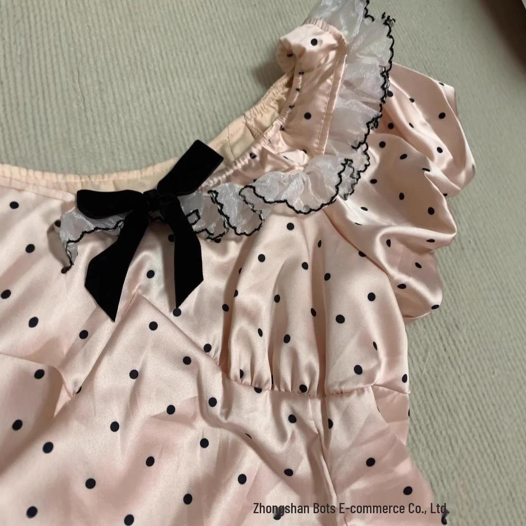 Сладкая облегающая футболка с коротким рукавом в горошек Y2K с французским бантом