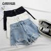 Summer Broken Holes High Waist Denim Shorts Women's A-line Trousers Raw Edge Frayed Wide Leg Shorts