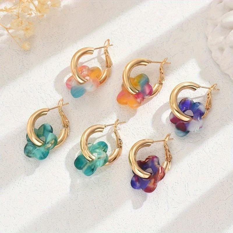 Trendy Metal Clip On Hoop Earrings Multi Colors Acrylic Flower Pendant Fashion Jewelry Spring Summer Earrings For Women