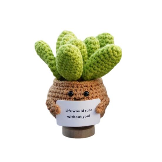 Positive Crochet Ball Cactus with Encouraging Card Emotional Support Handmade Knitting Potted Succulent Doll Toy Decoration Ornament