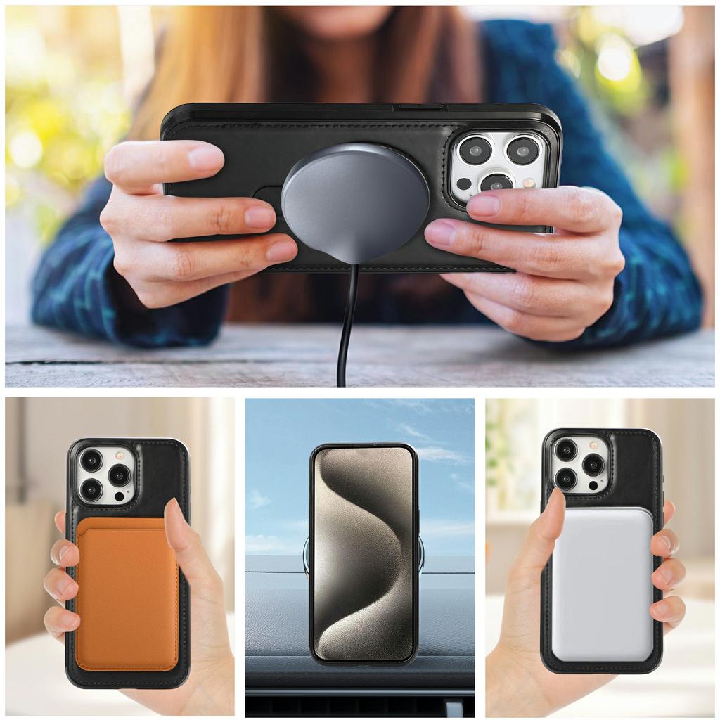 For iPhone 13 Pro Max Case Magnetic Kickstand PU Leather Coated PC+TPU Phone Cover