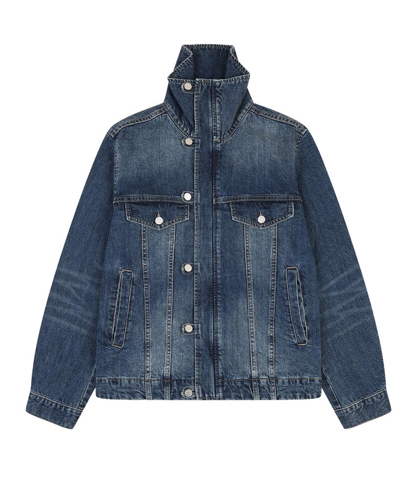 LAB101 High-Neck Snap Zip-Up Denim Jacket (Mid Blue)
